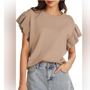 NWOT Womens Crew Neck Ruffle Sleeves Loose Oversized Knit Pullover Sweater Large